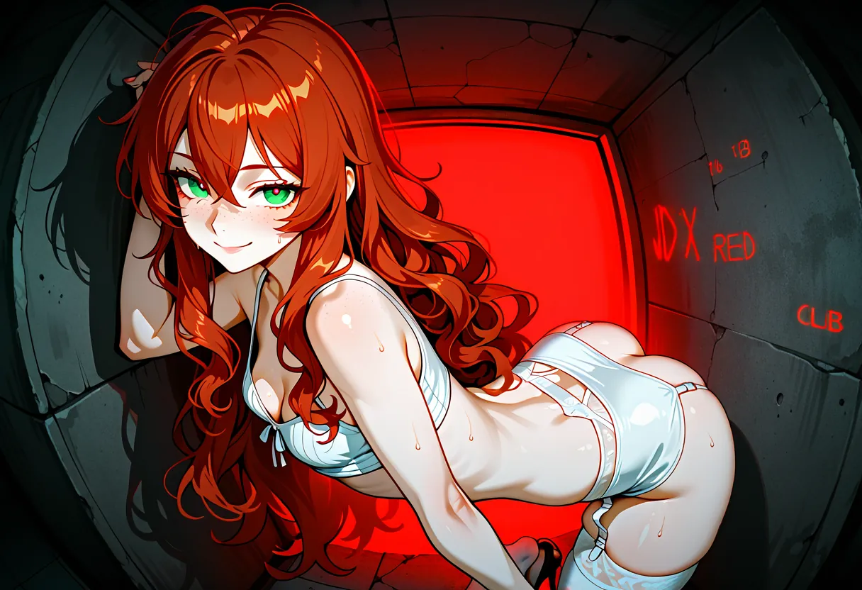 A red-haired bride-to-be in white lingerie and a veil, on all fours in a red-lit nightclub room, smiling over her shoulder