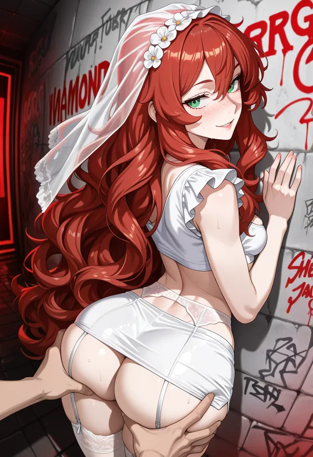 The bride in white lingerie against a graffiti wall in the club, a man's hand on her hip