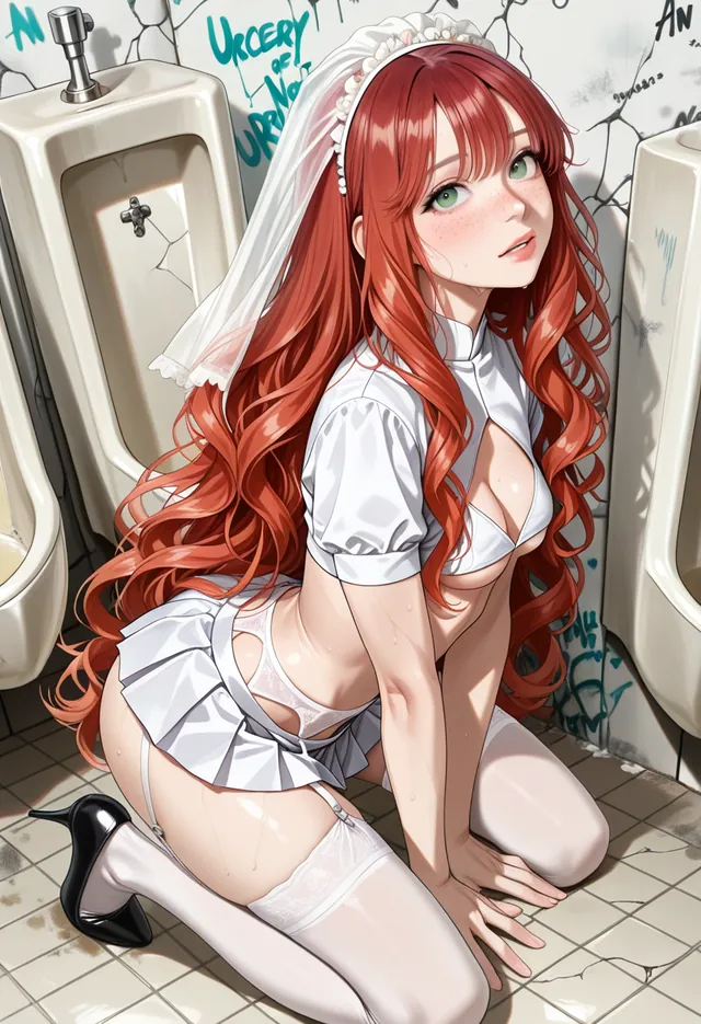The bride kneeling on the tiled floor of the club's men's room, by the urinals, in a white blouse and short skirt