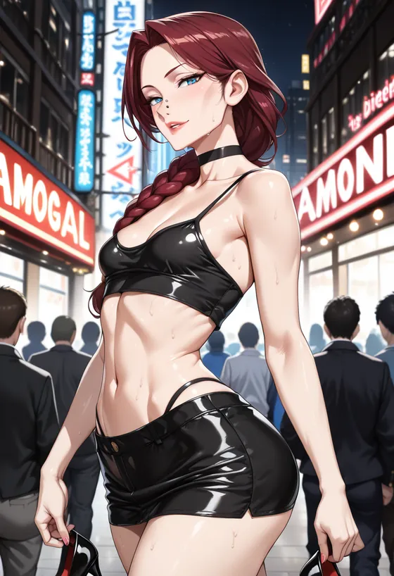 A woman with a dark red braid in a black crop top and skirt on a crowded city street at night