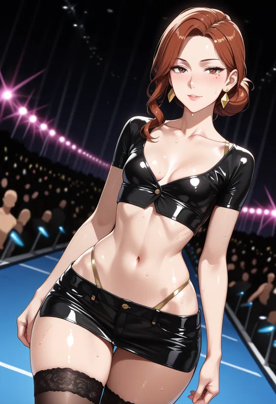 A woman with auburn hair in a black top and skirt walking a runway