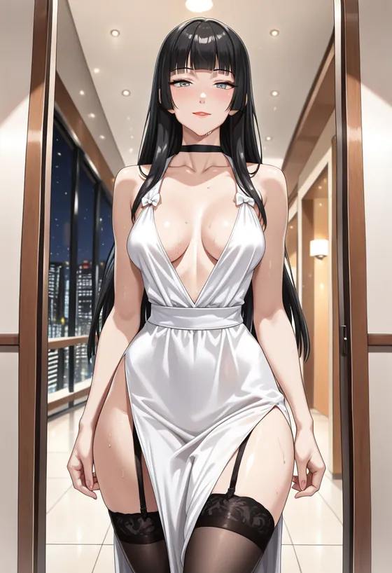 A black-haired woman in a long white dress with a high slit, in a hallway at night
