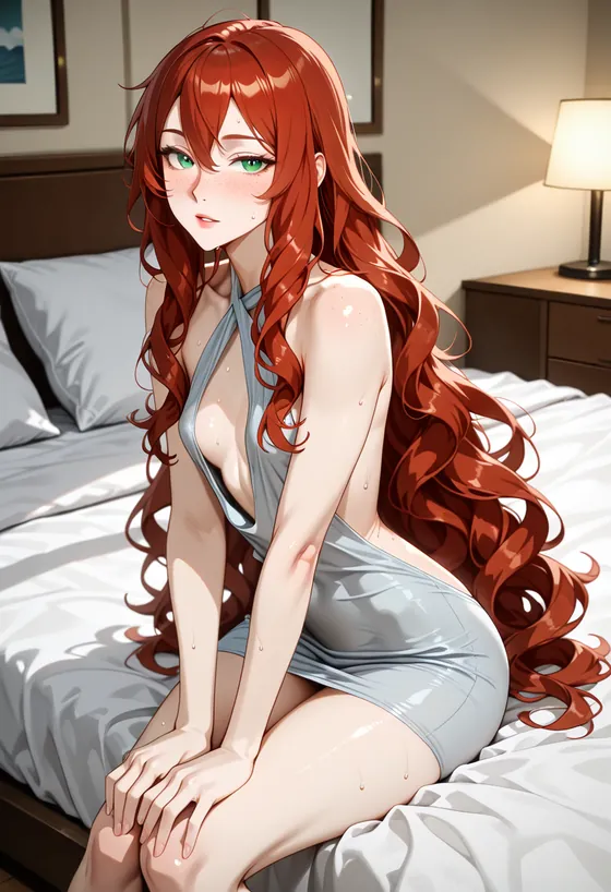Red-haired woman in a grey halter dress sitting on a bed