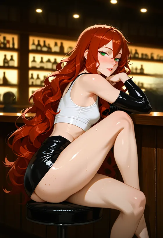 Red-haired woman in a black leather skirt on a bar stool